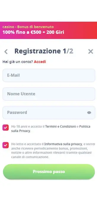 Processo di registrazione di Infinity su smartphone Processo di registrazione di Infinity su smartphone